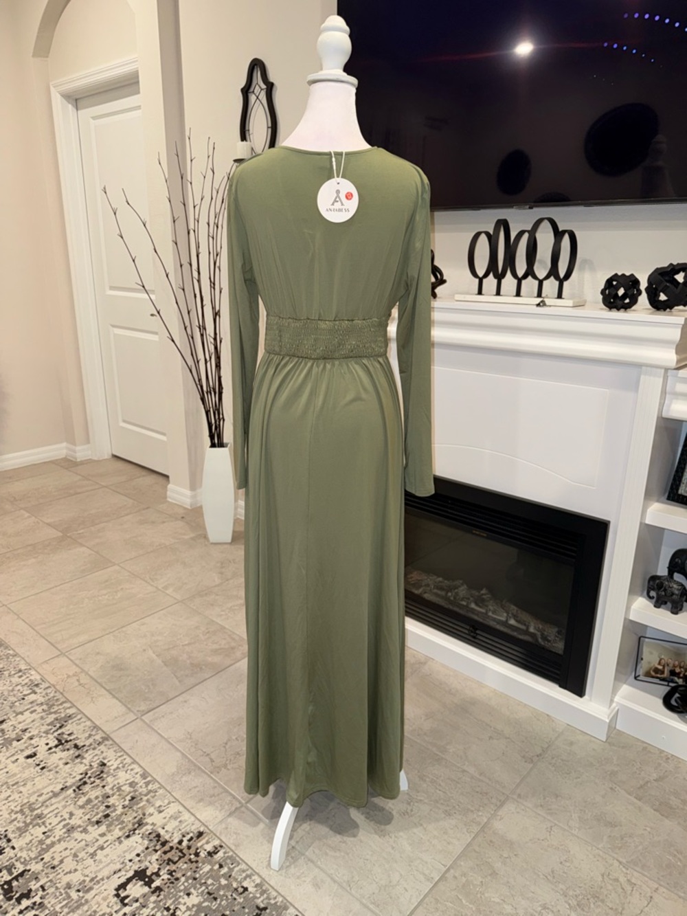2 x 20$ NWT Olive Green Long Sleeve V-Neck Maxi Dress Size M - Picture 6 of 11